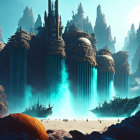 Alien landscape with towering structures and spacecraft above glowing ground