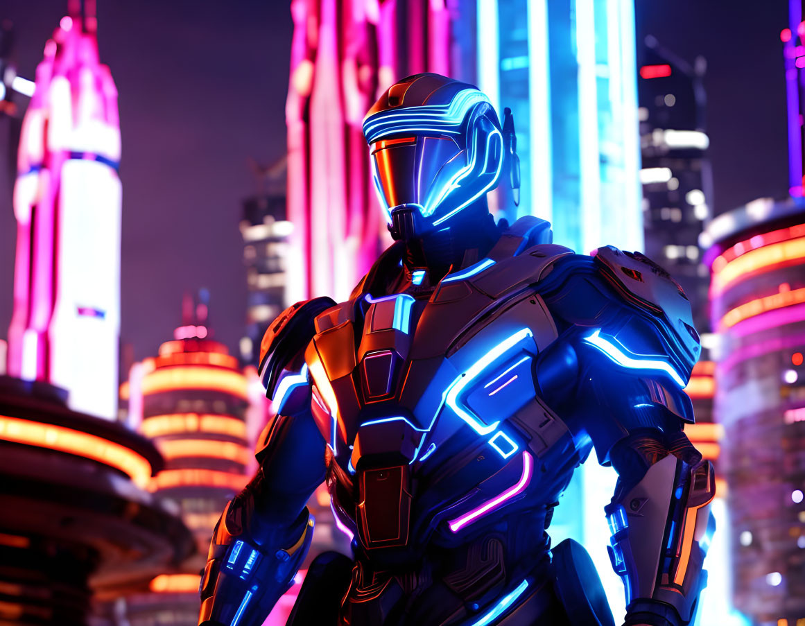 Futuristic armored robot with blue neon lights in cyberpunk cityscape