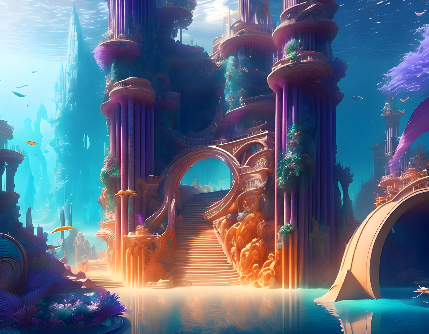 Majestic underwater city with coral towers and glowing ambiance