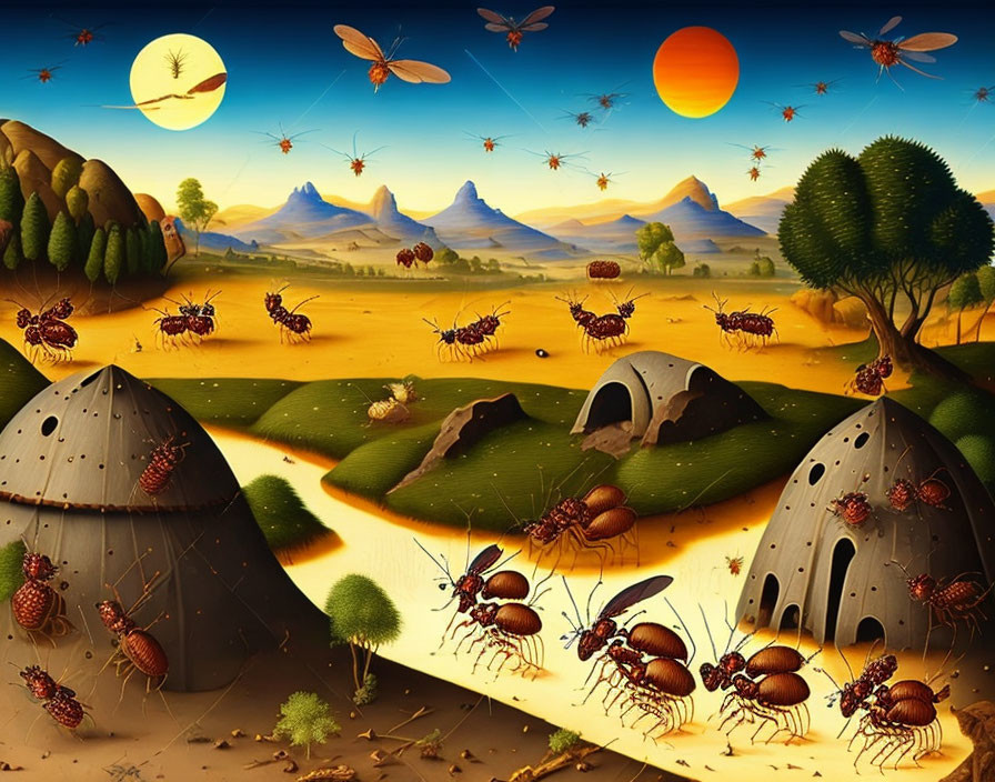 Surreal landscape: Two suns, oversized ants, undulating green fields