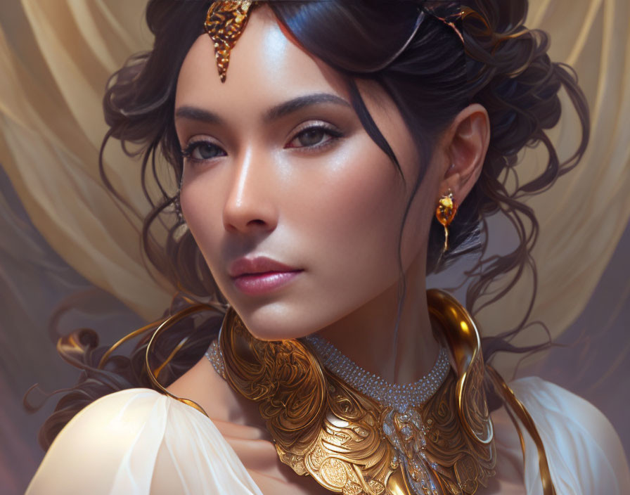 Ethereal portrait of woman with striking features and golden jewelry