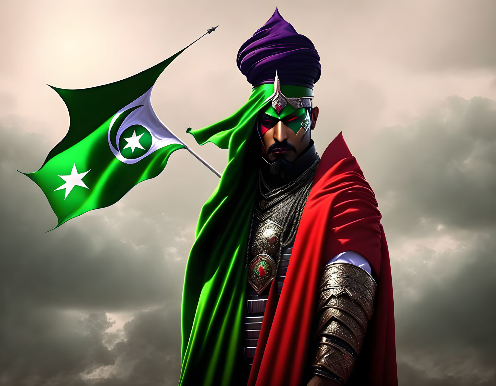 Purple Turban and Red Cape Heroic Figure with Flag in Cloudy Sky