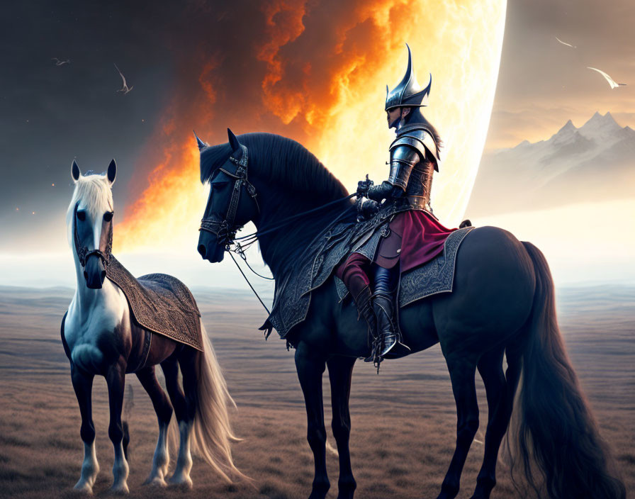Medieval knight on black horse near white horse in fiery sky with birds fleeing