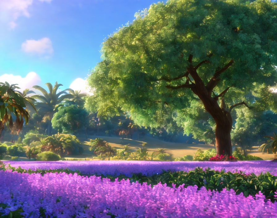 Lush landscape with large tree, purple flowers, and clear sky