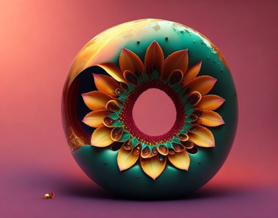Spherical Object with Floral Design on Gradient Background