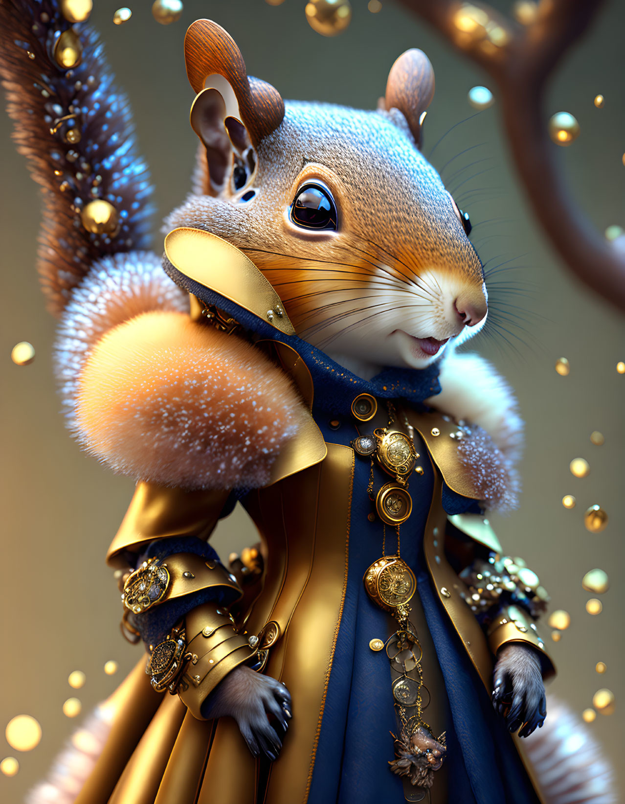 Regal anthropomorphic squirrel in blue and gold coat with jewelry on sparkling backdrop