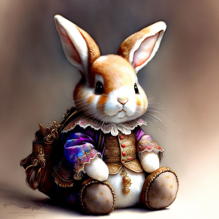 Detailed illustration: Rabbit in luxurious, old-fashioned outfit with ornate patterns and satchel against soft