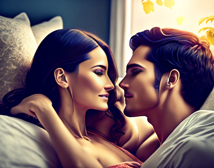 Intimate couple in bed exchanging loving gaze with warm lighting