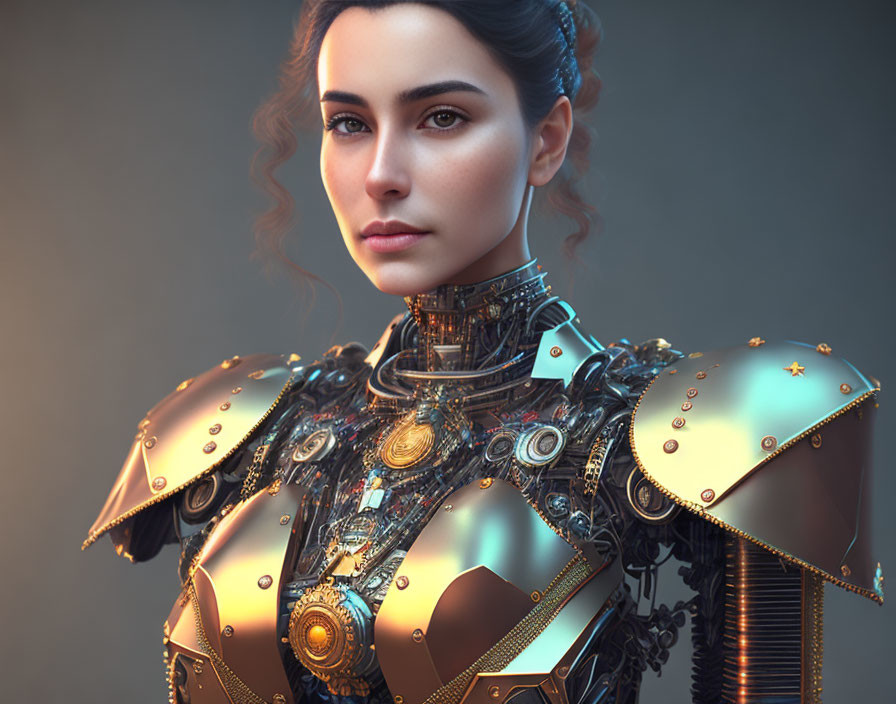 Serene woman with dark hair in intricate gold-plated robotic armor