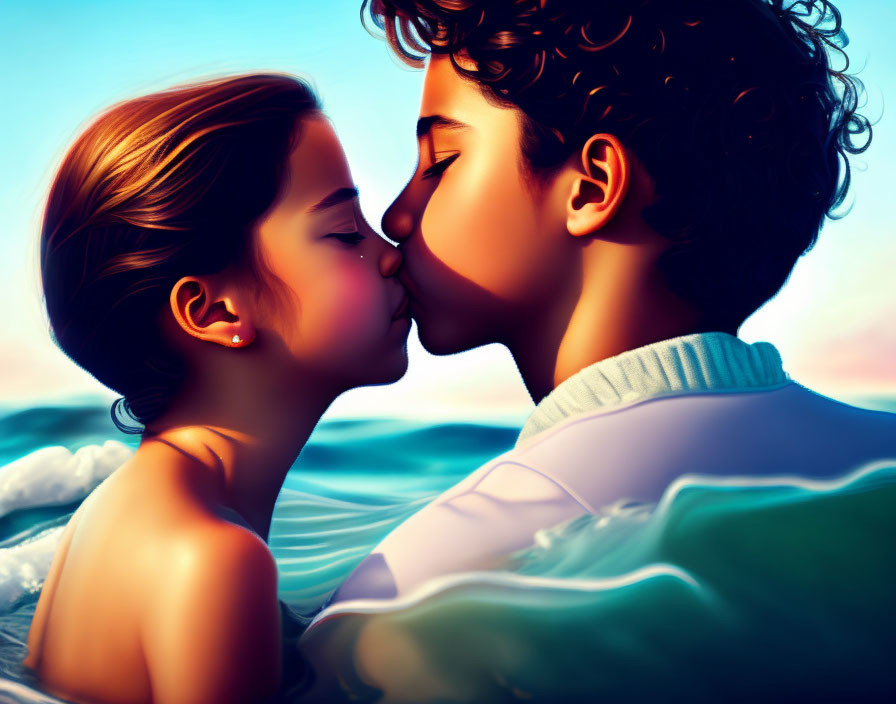 Romantic couple kissing by ocean at sunset