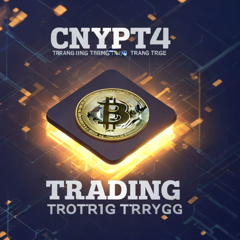 Golden Bitcoin on microchip with blue digital background and text "CNYPT4 TRADING TR