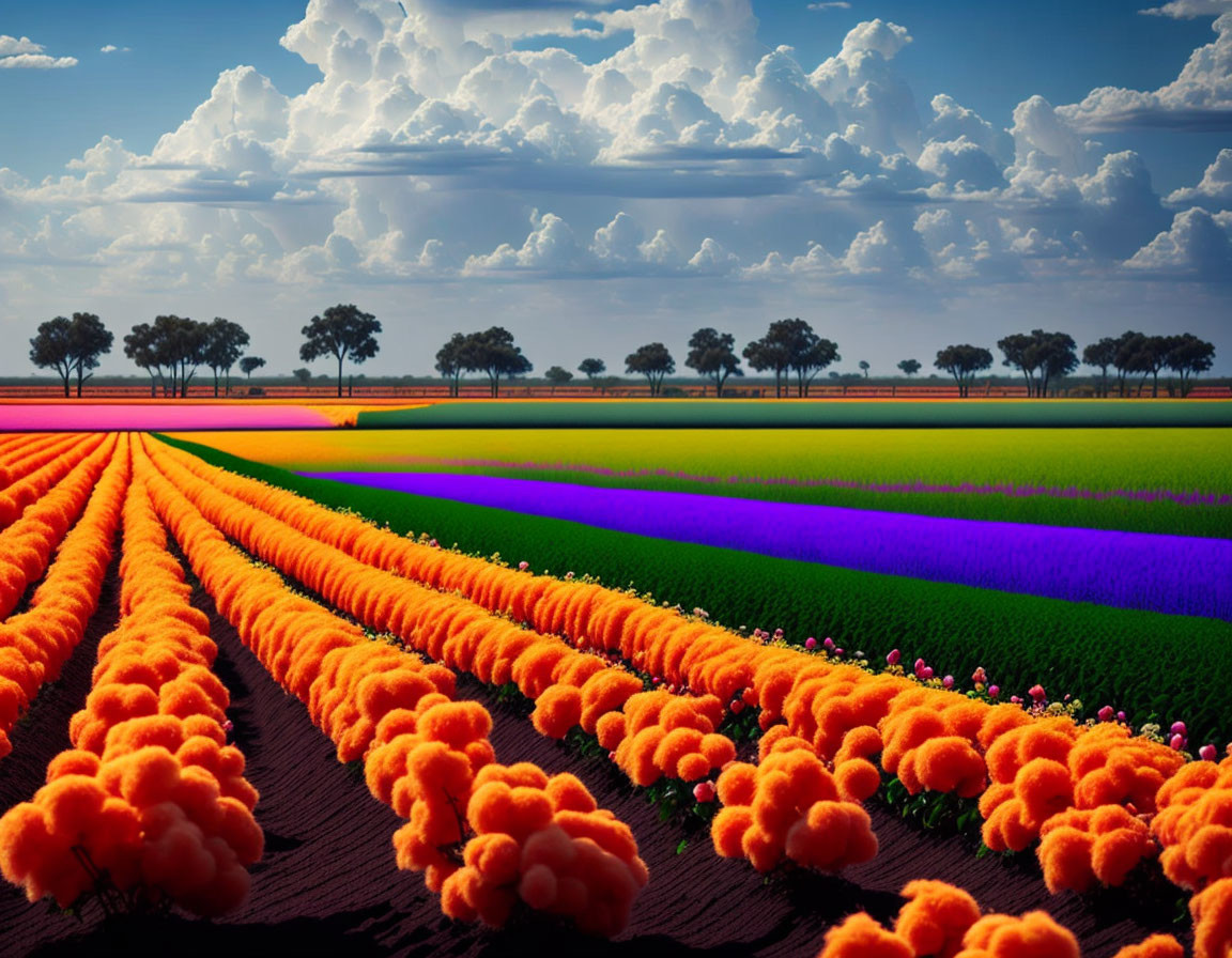 Colorful Flower Fields with Orange Blooms and Multicolored Bands under Blue Sky