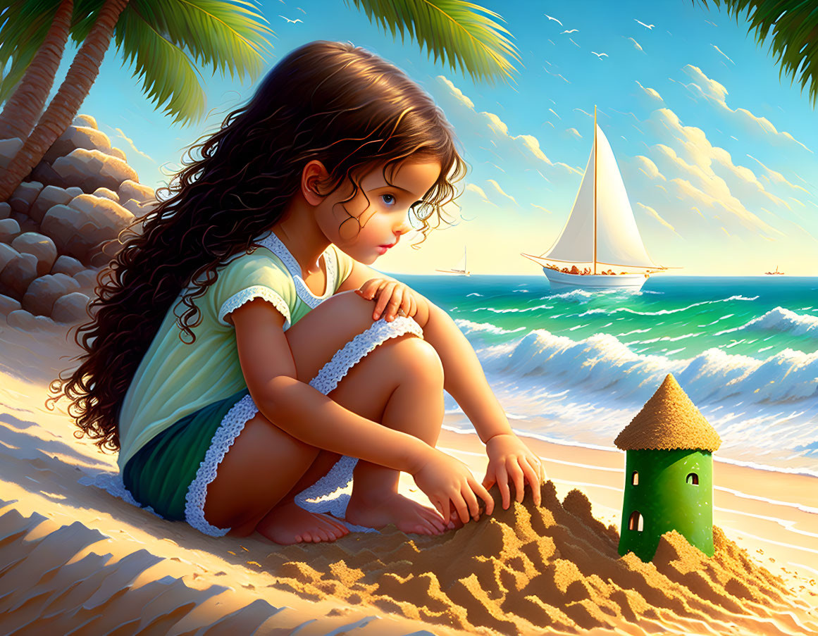 Young girl with curly hair building sandcastle on beach, watching sailboat.