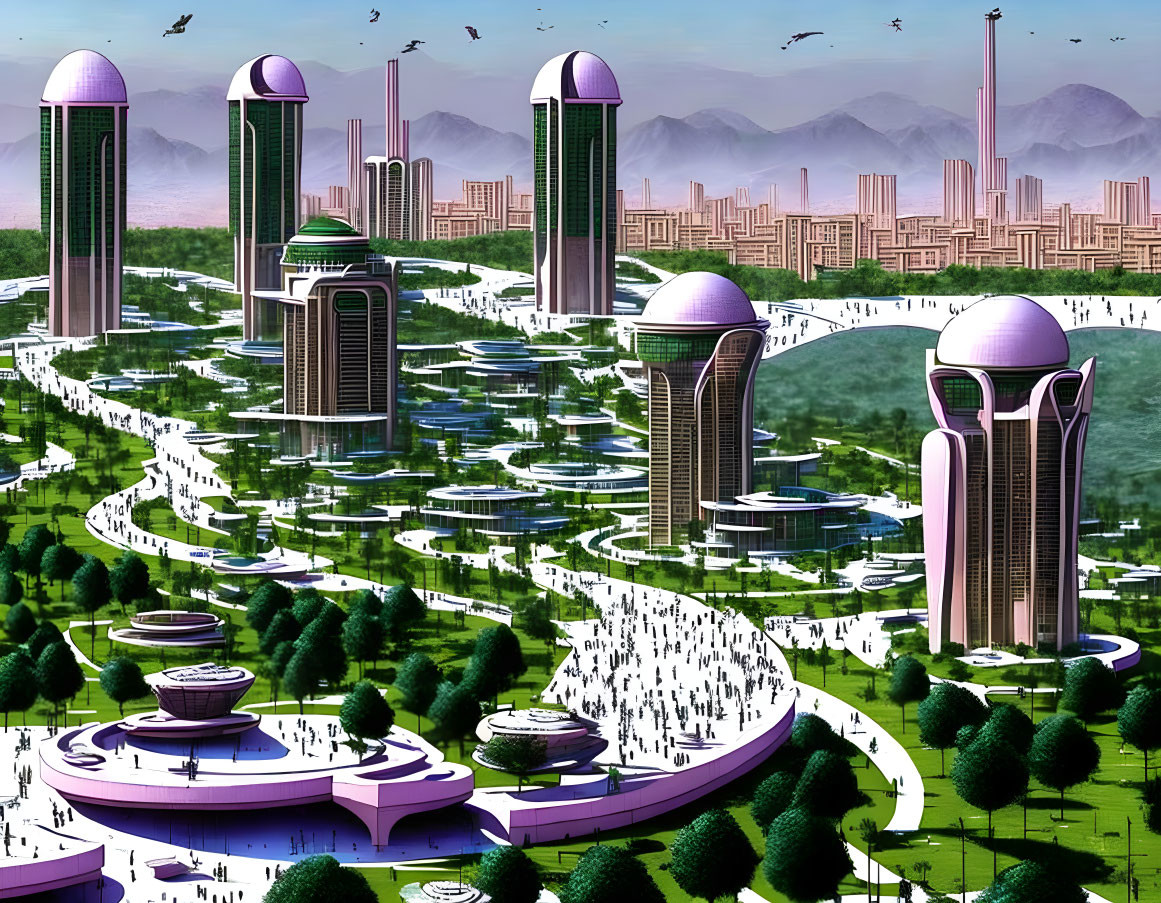 Futuristic cityscape with tall skyscrapers and green parklands