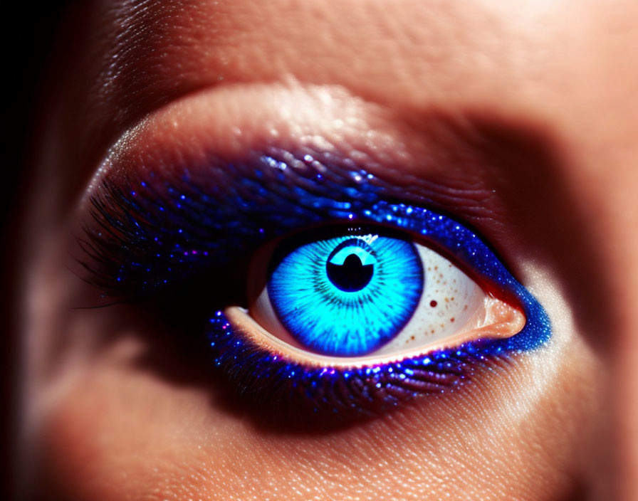 Blue eye with dramatic mascara and eyeshadow showcasing detailed iris textures