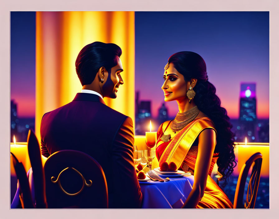 Stylized illustration of couple at candlelit dinner with city skyline backdrop