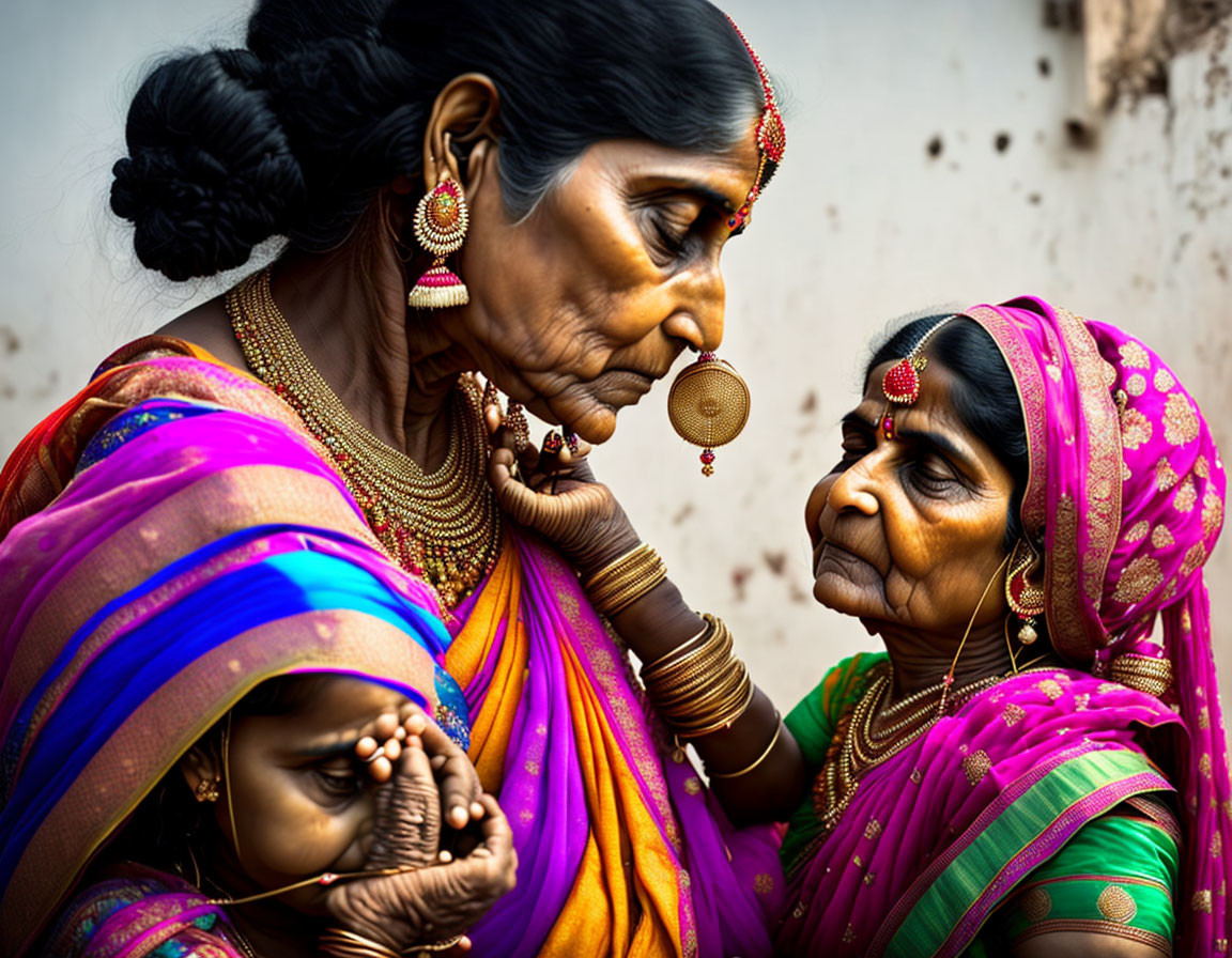 Traditional Indian women in vibrant saris with intricate jewelry and nose rings, showcasing a tender generational moment