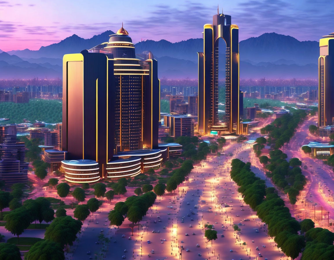 Twilight futuristic cityscape with illuminated skyscrapers, central avenue, and mountains.