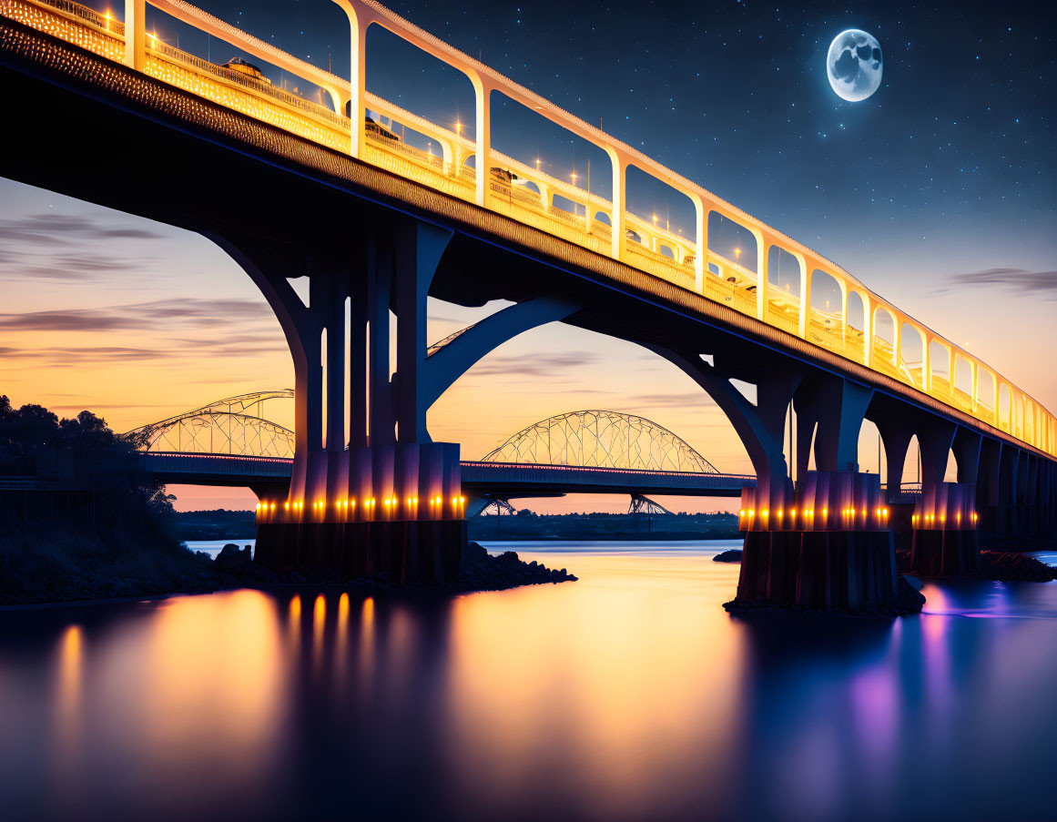 Tranquil river bridge under full moon at dusk