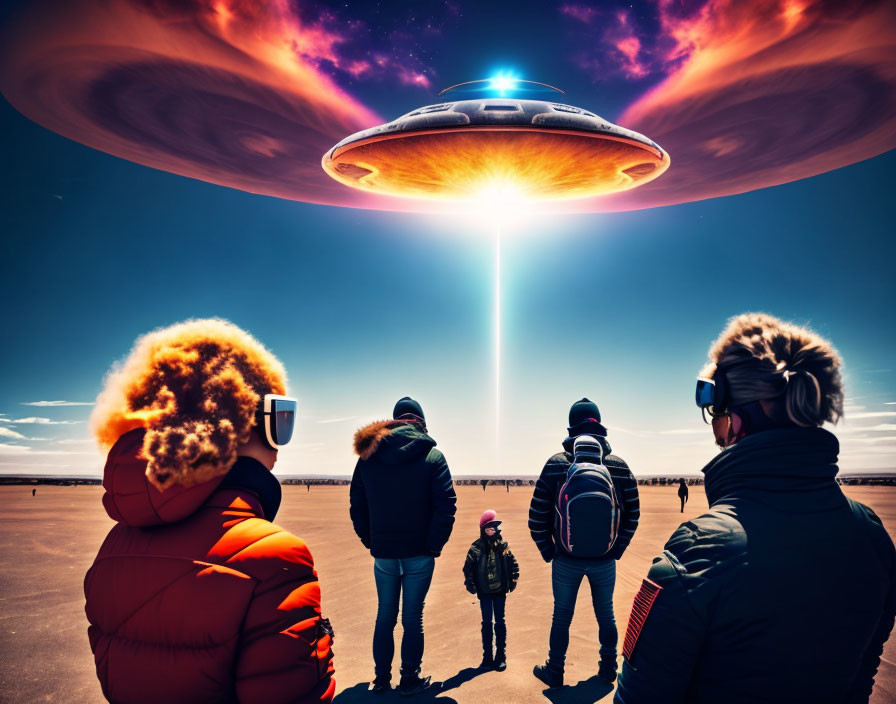 Group of people observing large UFO emitting light beam in clear sky