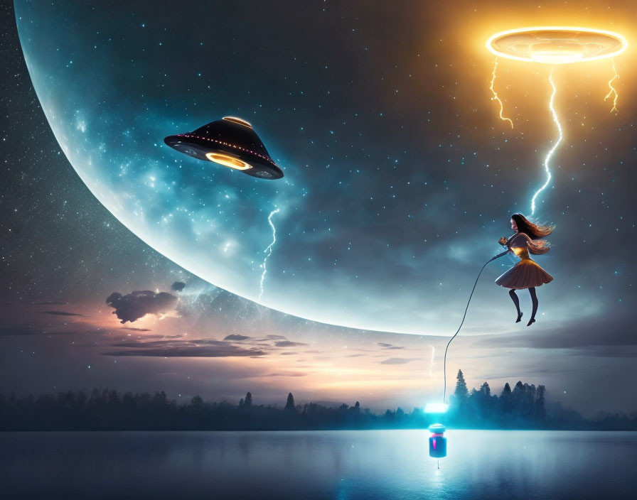 Surreal artwork featuring girl fishing from moon's edge, UFO, lightning portals, serene lakescape