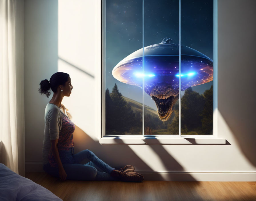 Person gazes at night UFO with visible alien through window