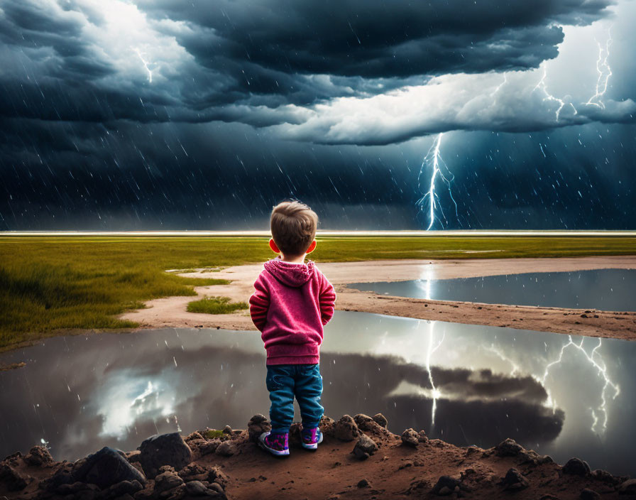 Child in pink jacket under stormy sky with lightning and rain reflections