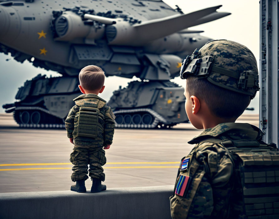 Child and soldier in military gear with armored vehicle and fighter jet.