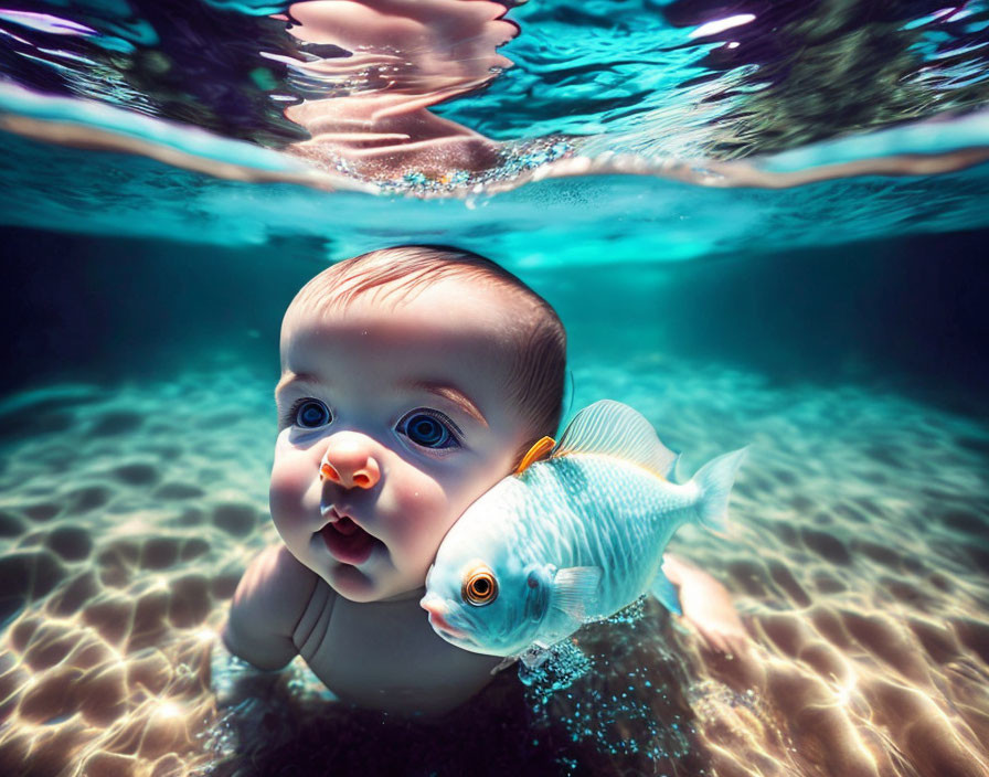 Infant with surprised expression near fish underwater