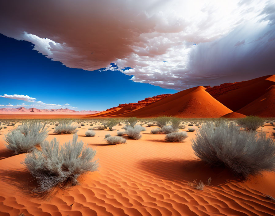 Orange Sand Dunes and Sparse Shrubbery Under Blue Sky