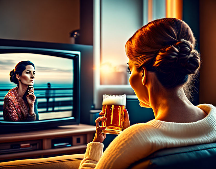 Woman with beer mug watching TV as sunset illuminates room.