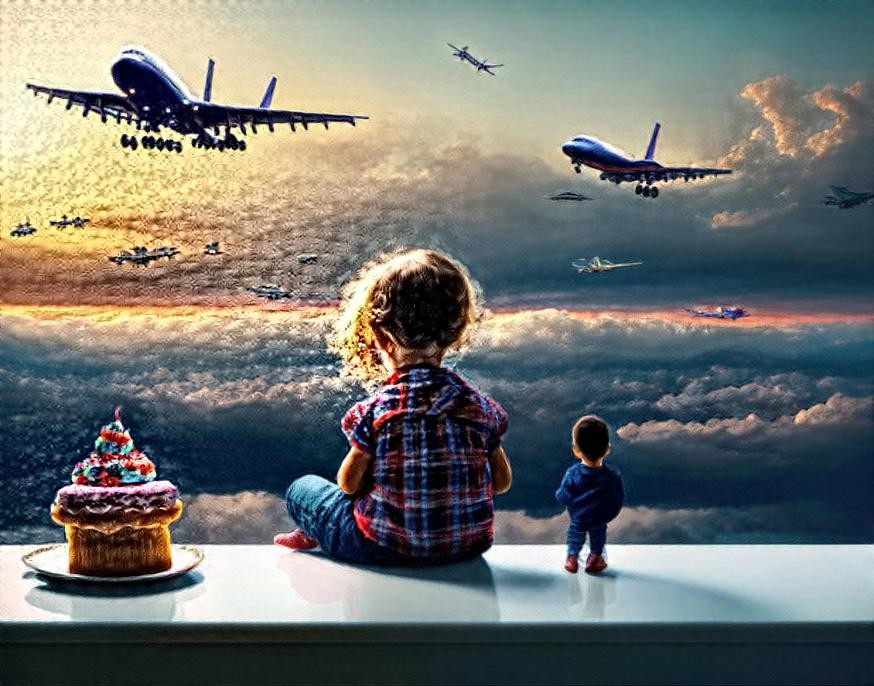 Little girl with little brother looking at planes 