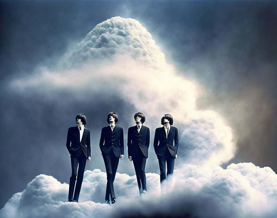 Four individuals in black suits silhouetted against massive cloud.