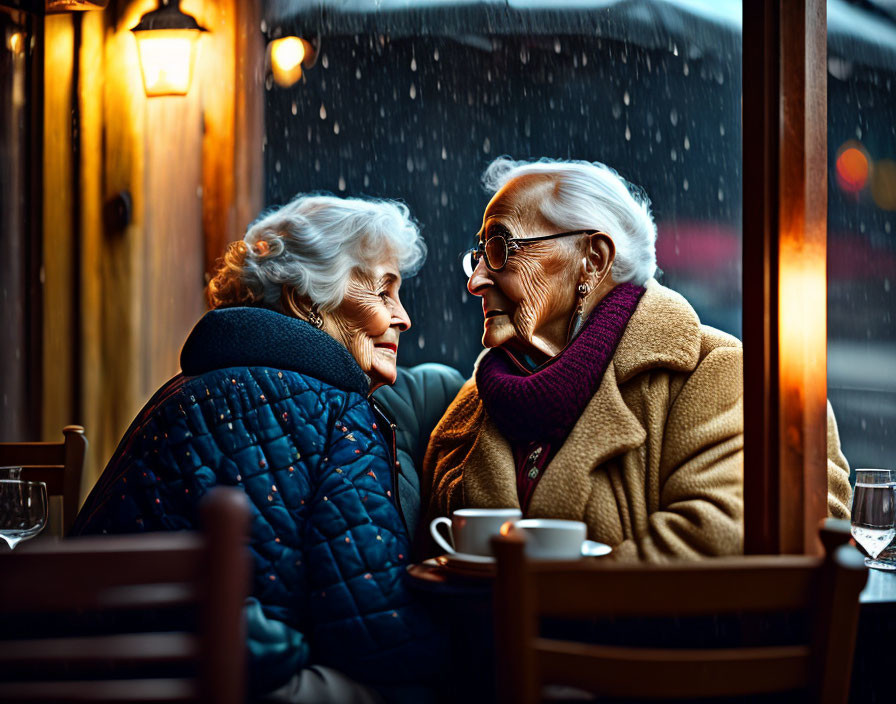 Elderly women chatting in cozy café during snowfall