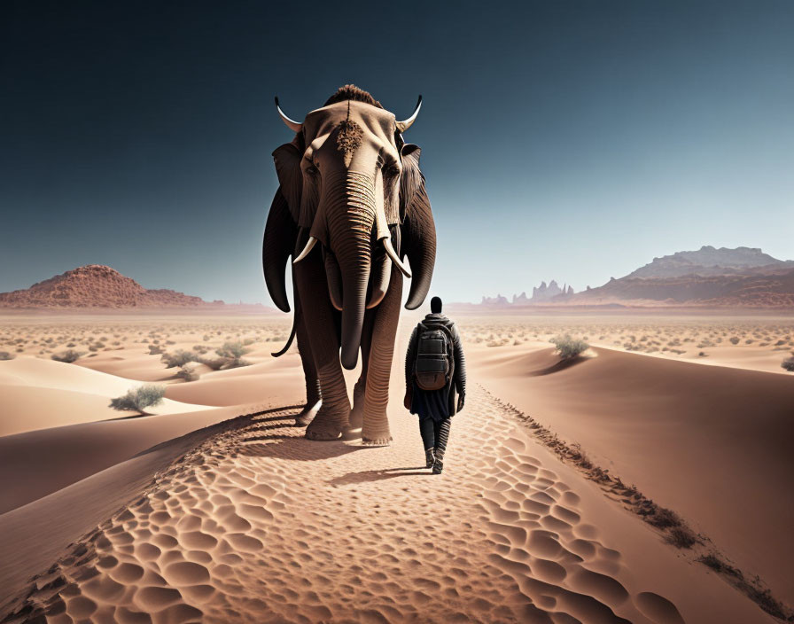 Backpacker walking behind elephant in desert landscape