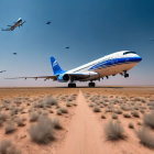 Multiple Airplanes Flying Low Over Desert Landscape