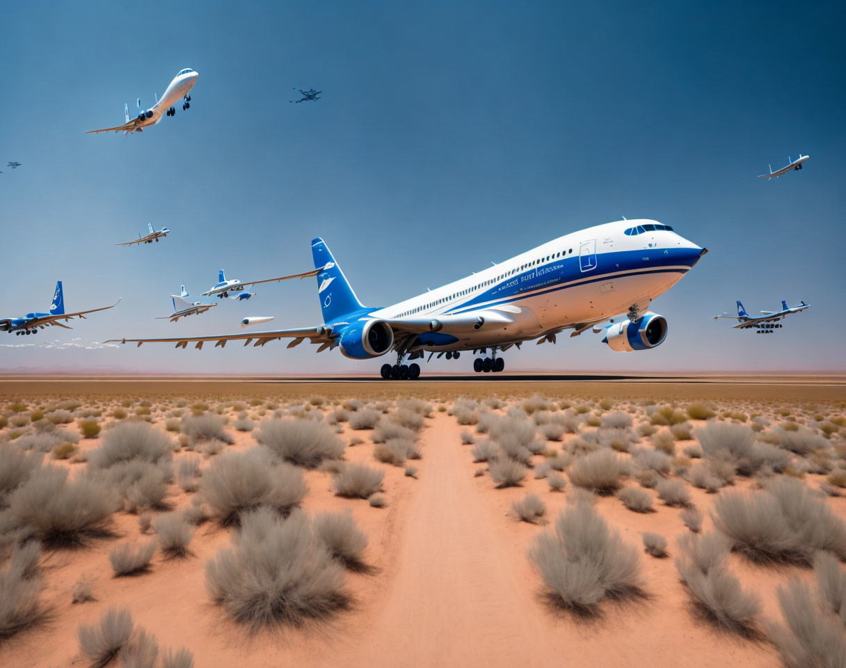 Multiple Airplanes Flying Low Over Desert Landscape