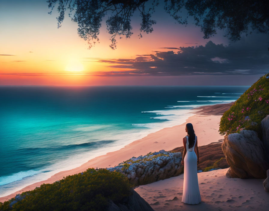 Woman in white dress on cliff overlooking serene sunset beach