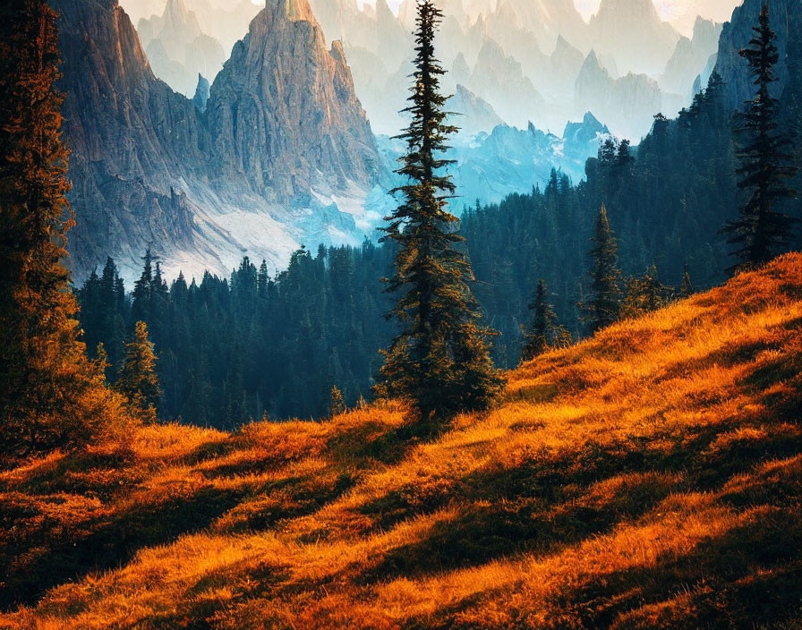 Rolling hills with vibrant orange foliage and evergreens against misty mountain peaks in golden-lit forest