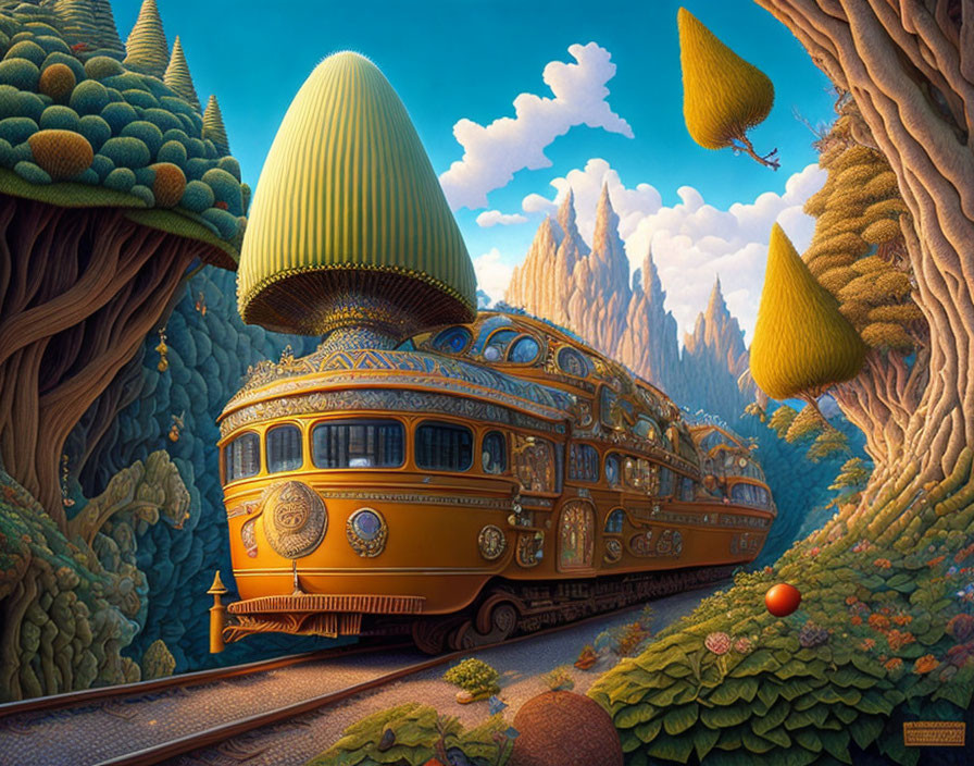 Golden vintage bullet train in surreal forest landscape