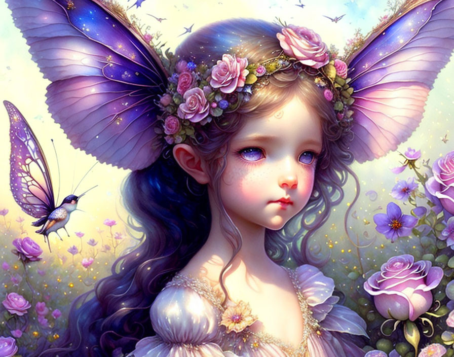 Whimsical illustration of girl with butterfly wings and floral crown surrounded by flowers and butterfly