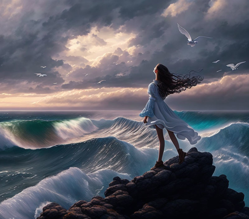 Woman in white dress on rocky outcrop gazes at stormy sea with rolling waves and birds.