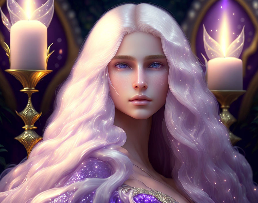 Fantasy digital artwork: white-haired woman with blue eyes, candles, purple foliage