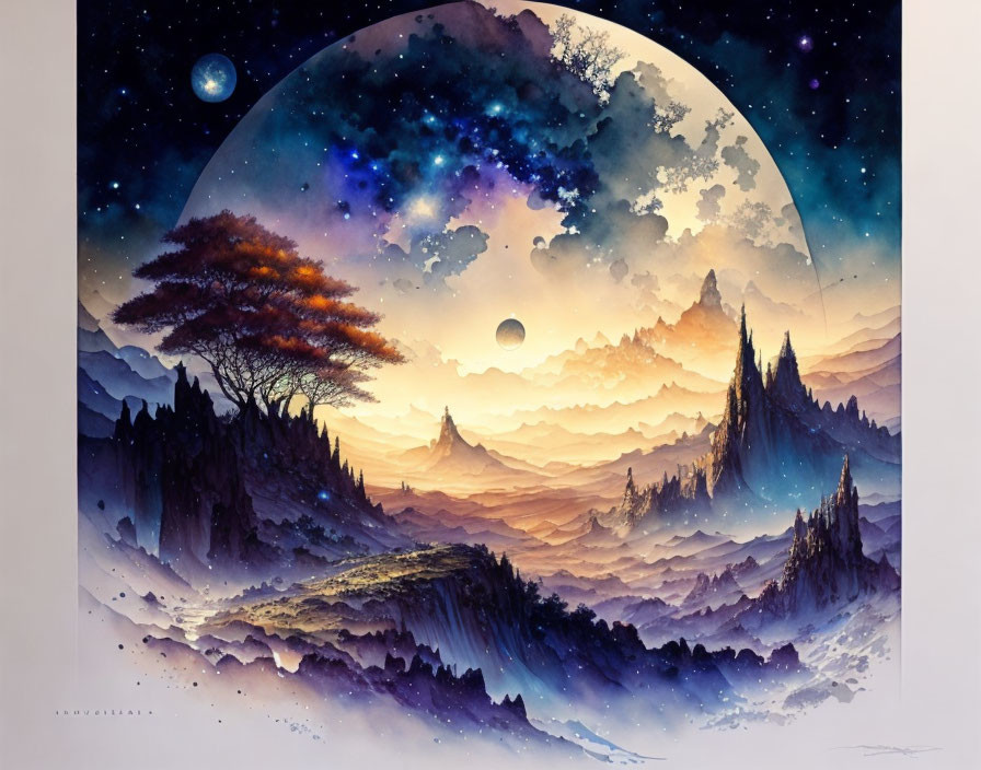 Colorful Landscape Artwork Featuring Mountains, Trees, Moon, and Stars