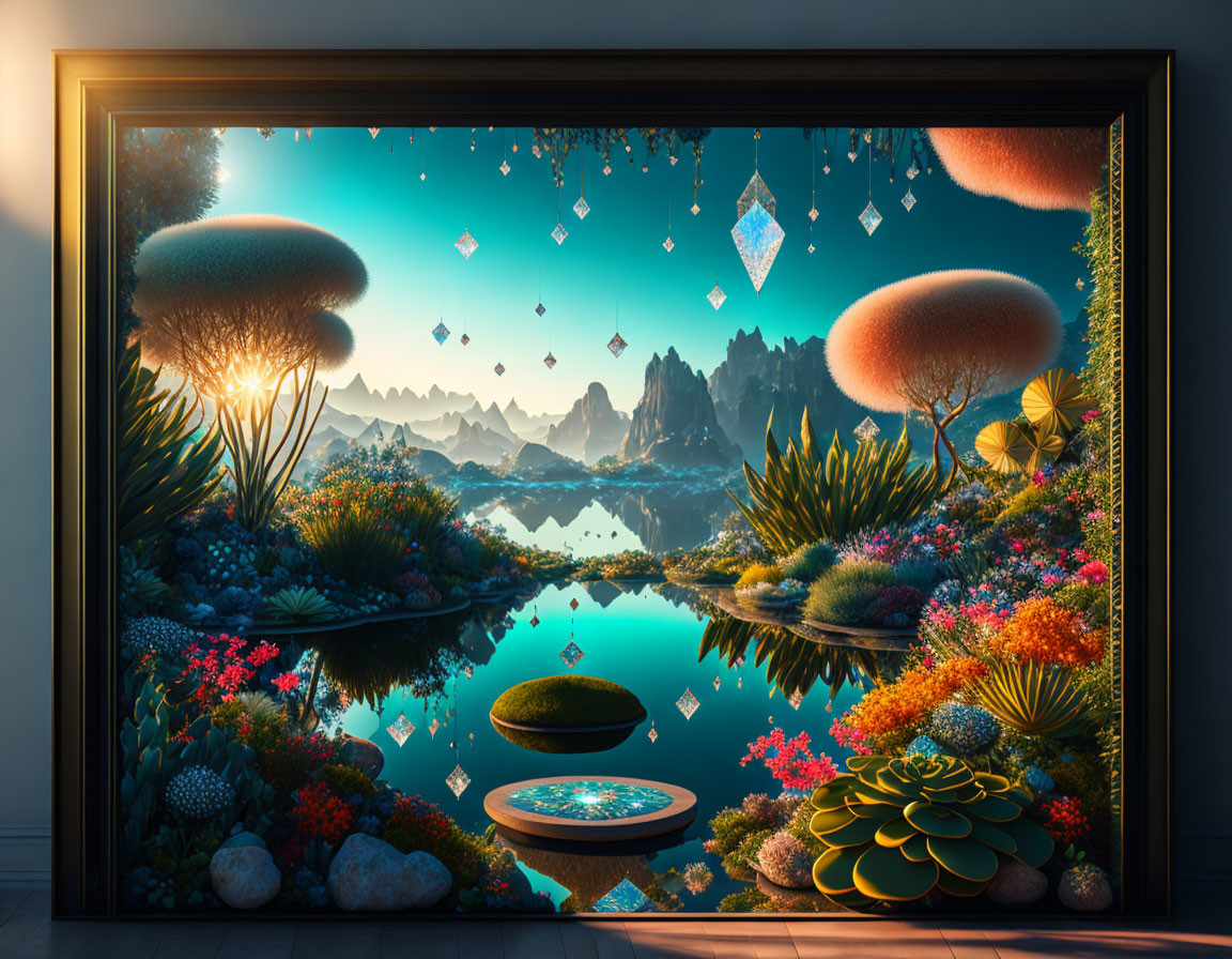 Digital Artwork: Fantastical Landscape with Crystals, Flora, and Water