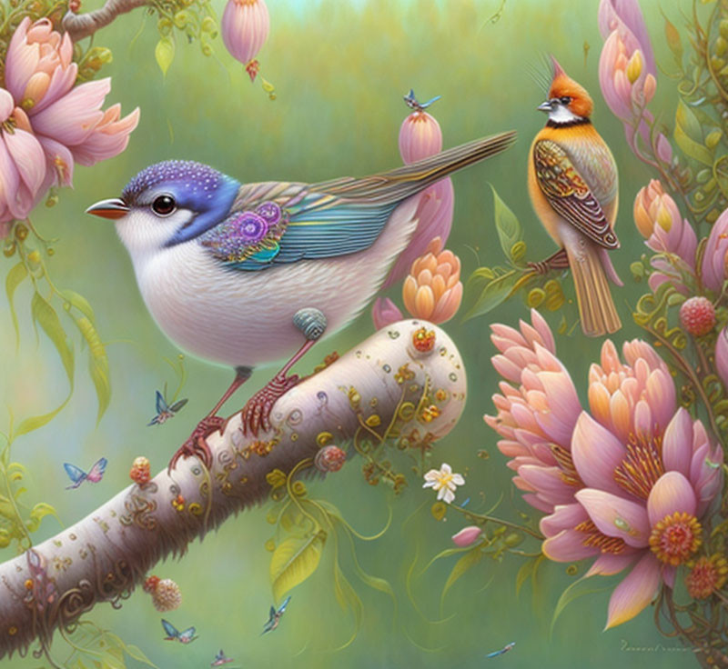 Stylized birds on branch with flowers and berries in pastel fantasy art