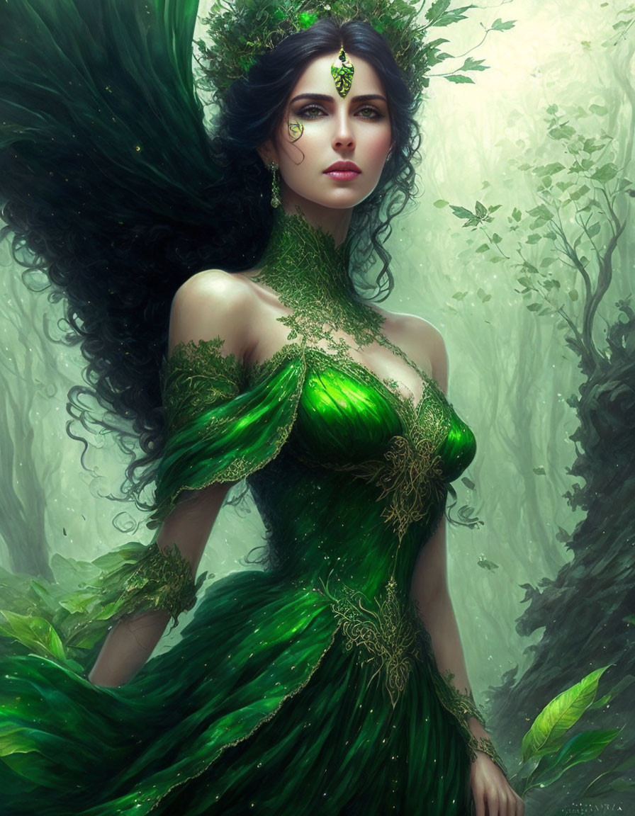 Dark-haired woman in green dress surrounded by mystical forest