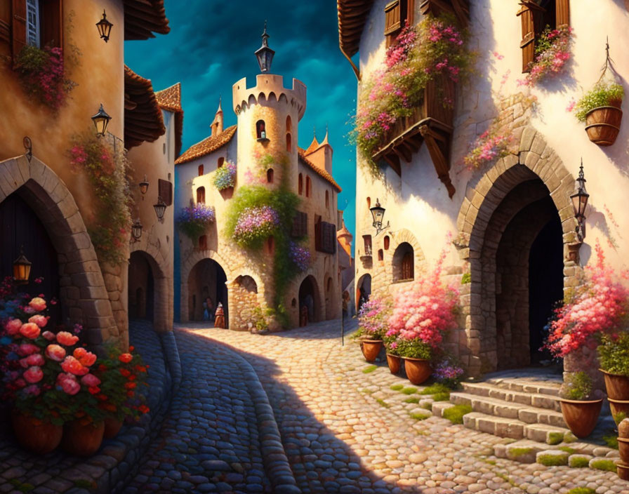 Medieval village with cobblestone street, vibrant flowers, arches, and ornate tower.