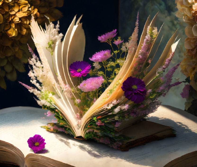 Open book with purple and white flower pages on dark background with golden leaves