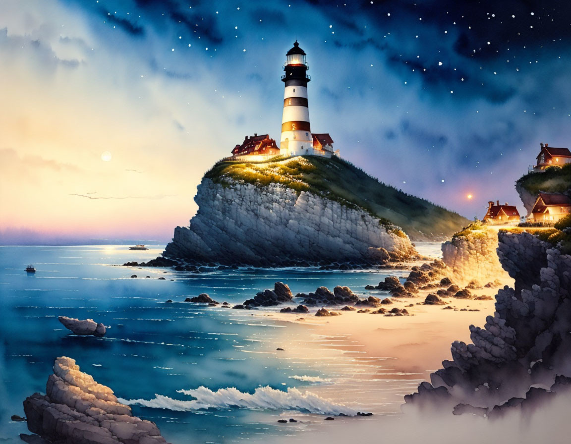 Starry night scene with lighthouse on cliff and cottages by sea